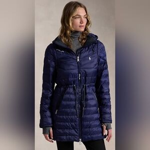 RLX Ralph Lauren Women’s Navy Blue Hooded Down Puffer Coat w/ Removable Sleeves